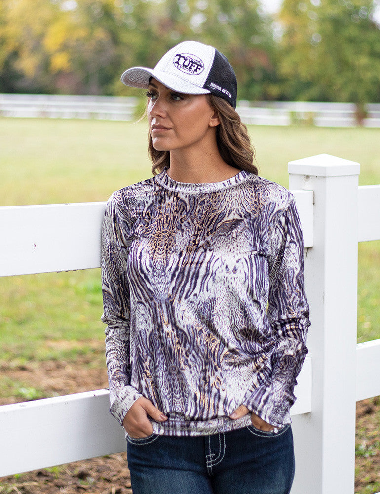 Cowgirl Tuff Long Sleeve Tee (Gray Tone Animal Print with Gold Foil in Velvet Heavier Weight)