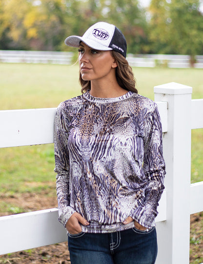 Cowgirl Tuff Long Sleeve Tee (Gray Tone Animal Print with Gold Foil in Velvet Heavier Weight)