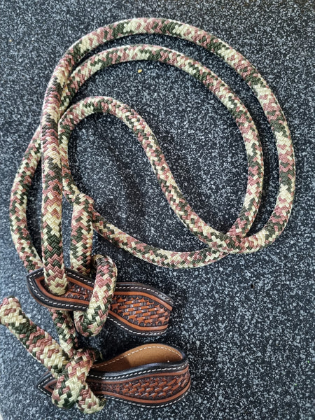 Brown/Olive/Beige Rope Reins with Embossed Slobber Straps