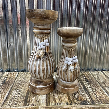 Hand Carved Timber Candles with shells - Brown/White