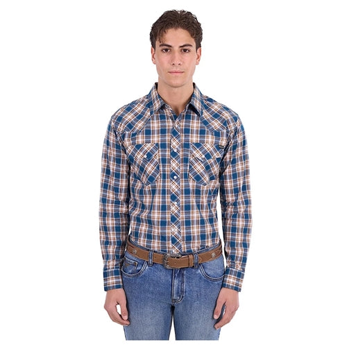 Pure Western Men's Todd Long Sleeve Shirt - Navy/ Tan