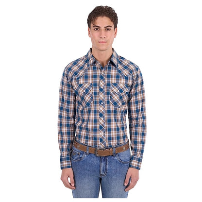Pure Western Men's Todd Long Sleeve Shirt - Navy/ Tan