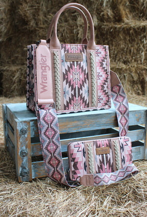 Wrangler Southwestern Pattern Dual Sided Print Mini Tote/Crossbody - DARK PINK