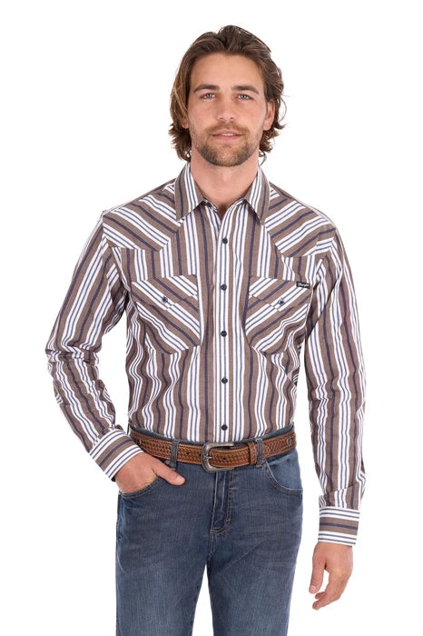 Wrangler men's Eli Long Sleeve Shirt - Denim / Tan