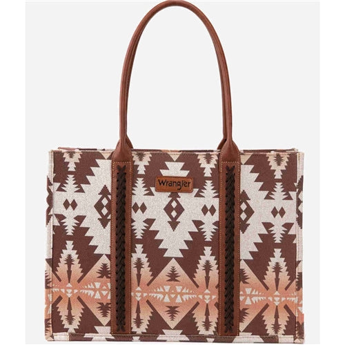 Wrangler Southwestern Pattern Dual Sided Print Canvas Wide Tote Light Coffee