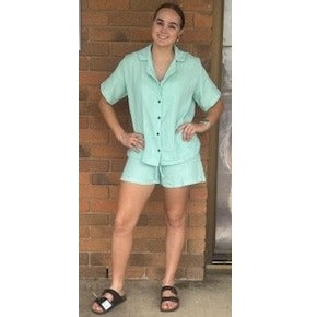 Cotton Summer Shirt & Short Set - Mint Green