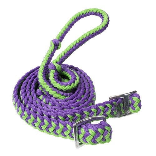 Texas-Tack Braided Poly Barrel Rein - Purple/Lime