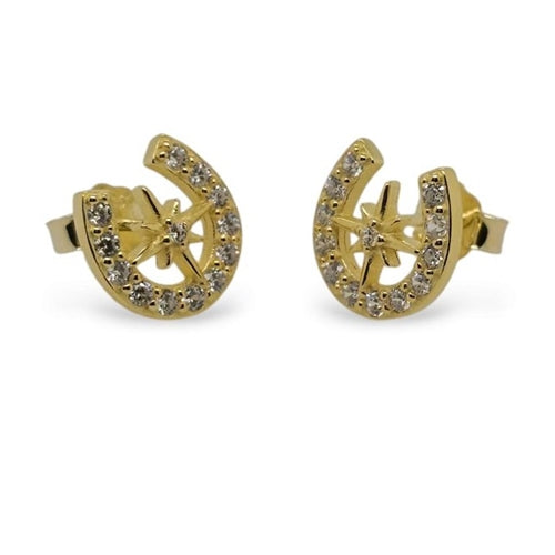 MCJ Sterling Silver Studs CZ Horseshoe N/Star Yellow gold plated