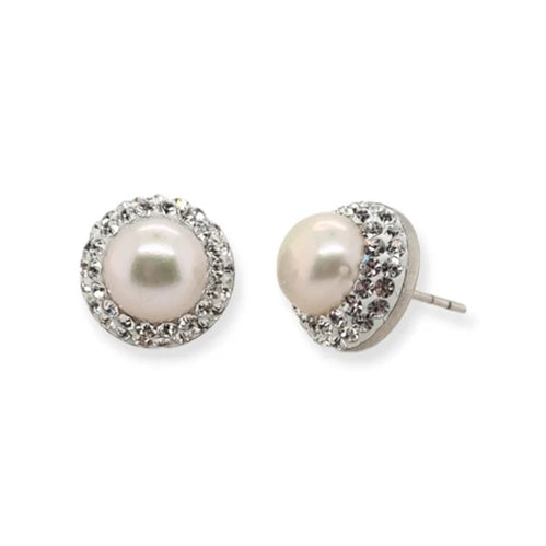 MCJ Sterling Silver Studs with freshwater Pink Pearls CZ 10mm