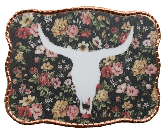 Floral Cow Skull Buckle - White Skull