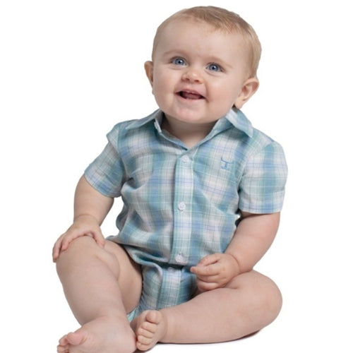 Just Country Frankie Short Sleeve Full Button Jumpsuit Riviera Blue & Sea Green Plaid