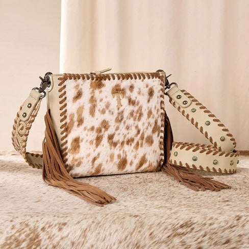 Trinity Ranch Cowhide Fringe Crossbody Bag - Tan