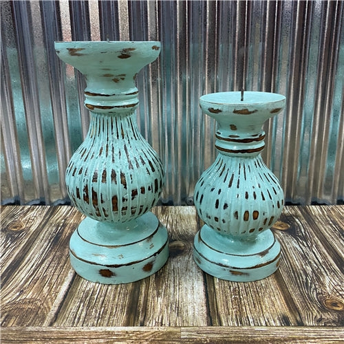 Hand Carved Timber Candle Holder - Turquoise