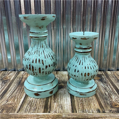 Hand Carved Timber Candle Holder - Turquoise