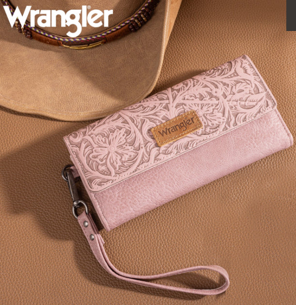 Wrangler Western Floral Tooled Tri-fold RFID Wallet/Wristlet - Pink