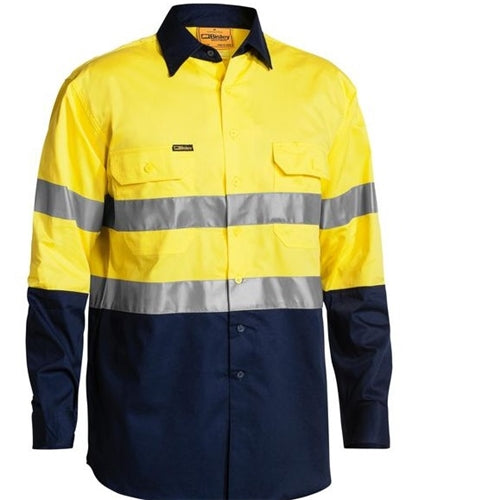 Bisley Men's L/S Full Button Cool Tape Yellow/Navy