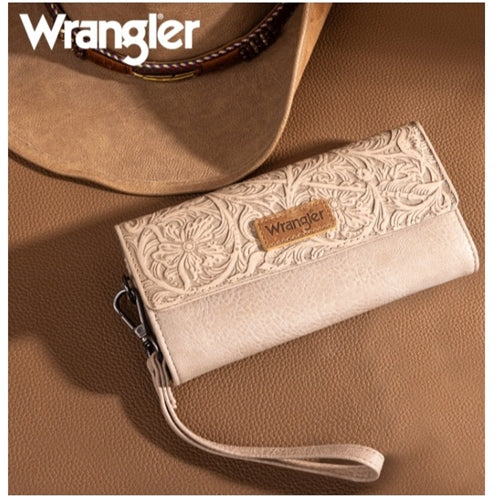 Wrangler Western Floral Tooled Tri-fold RFID Wallet/Wristlet - Tan