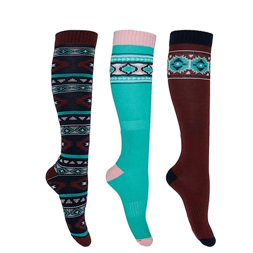 Pure Western Riding Socks 3 Pack - Turquoise / Rust