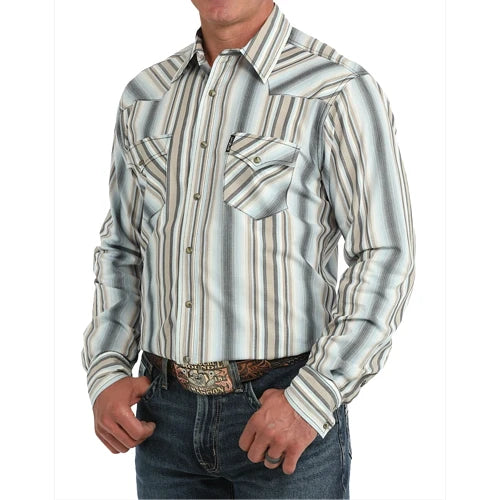 Cinch Men's Modern Fit Long Sleeve Stripe Snap Shirt - Blue/Tan