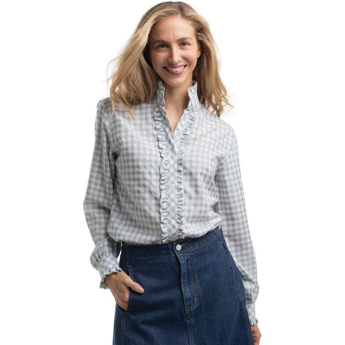 Just Country Women's Abbey Frills Full Button Print Work shirt Sage & White Checks