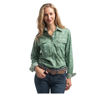 Just Country Women's Abbey Frills Full Button Print Work Shirt Eucalyptus & White Print
