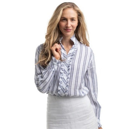 Just Country Women's Abby Frill Full Button Print Work shirt Indigo Blue & White Lace