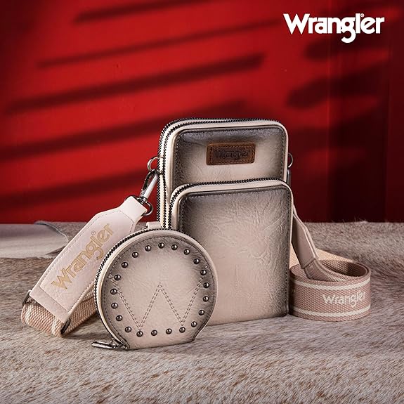 Wrangler Crossbody Cell Phone Purse 3 Zippered Compartment with Coin Pouch - Tan