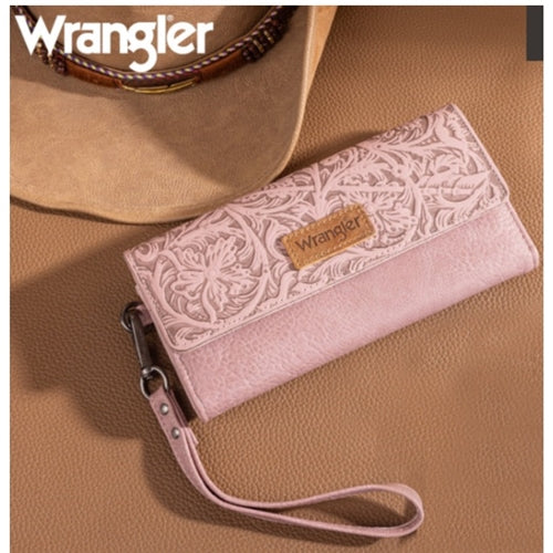 Wrangler Western Floral Tooled Tri-fold RFID Wallet/Wristlet - Pink