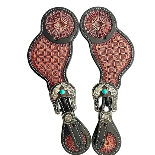 Basket Tooled Spur Straps with Turquoise Buckle