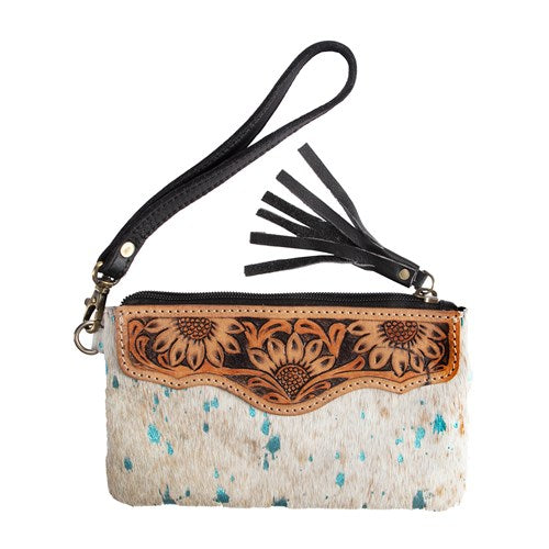 Fort Worth Cowhide Leather Purse - Cream/Turquoise