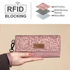 Wrangler Western Floral Tooled Tri-fold RFID Wallet/Wristlet - Pink