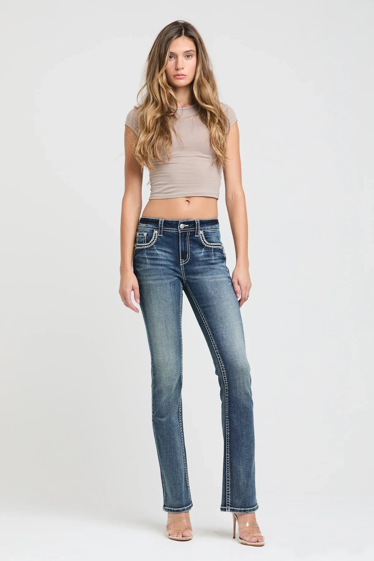Grace in LA Feather Embroidery Bootcut Jeans