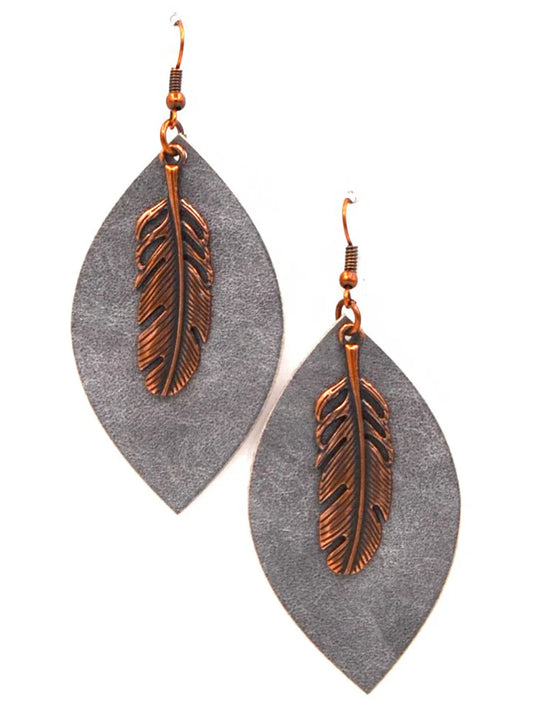 Leaf Shape leather Earring with Feather Charm