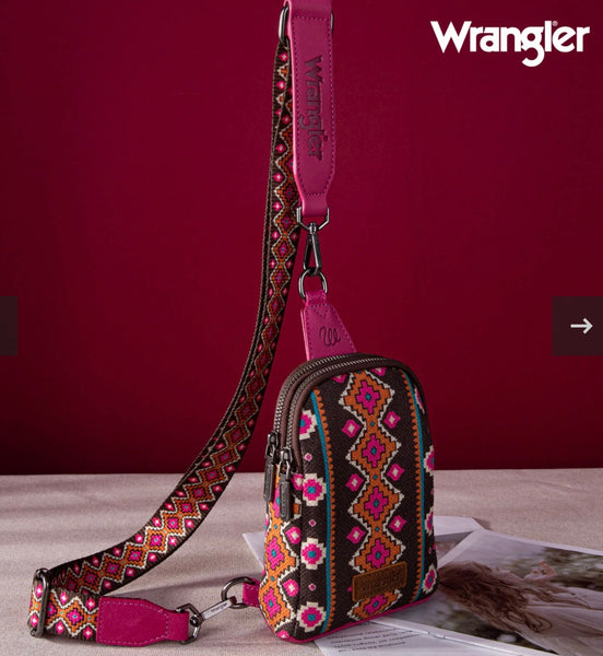 Wrangler Aztec Print Crossbody Sling Chest Bag - Hot Pink