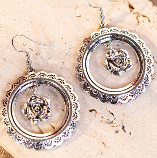Wrangler Etched Circle Rose Dangling Earring