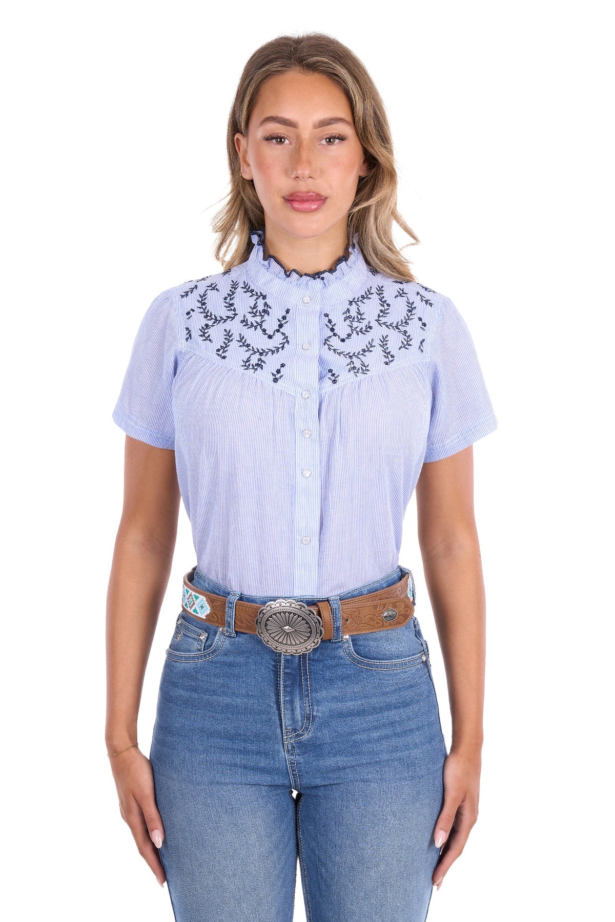 Pure Western Women's Kara Short Sleeve Shirt - Blue/ White