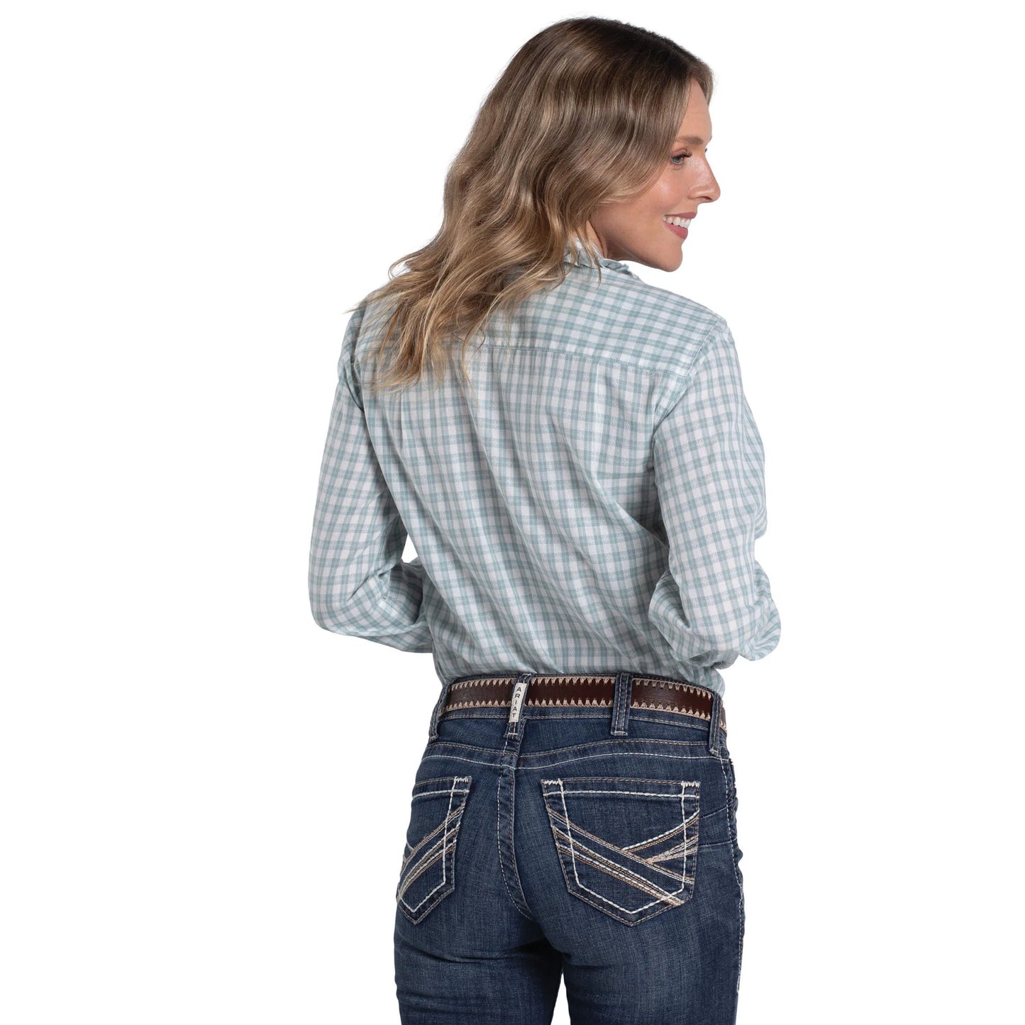 Just Country Women's Abbey Frills Full Button Print Shirt - Bay Green & White Check