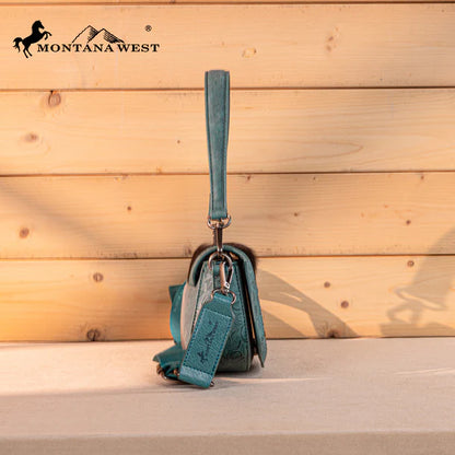 Montana West Hair-On Cowhide Mini Shoulder Bag/Crossbody/Clutch-Turquoise