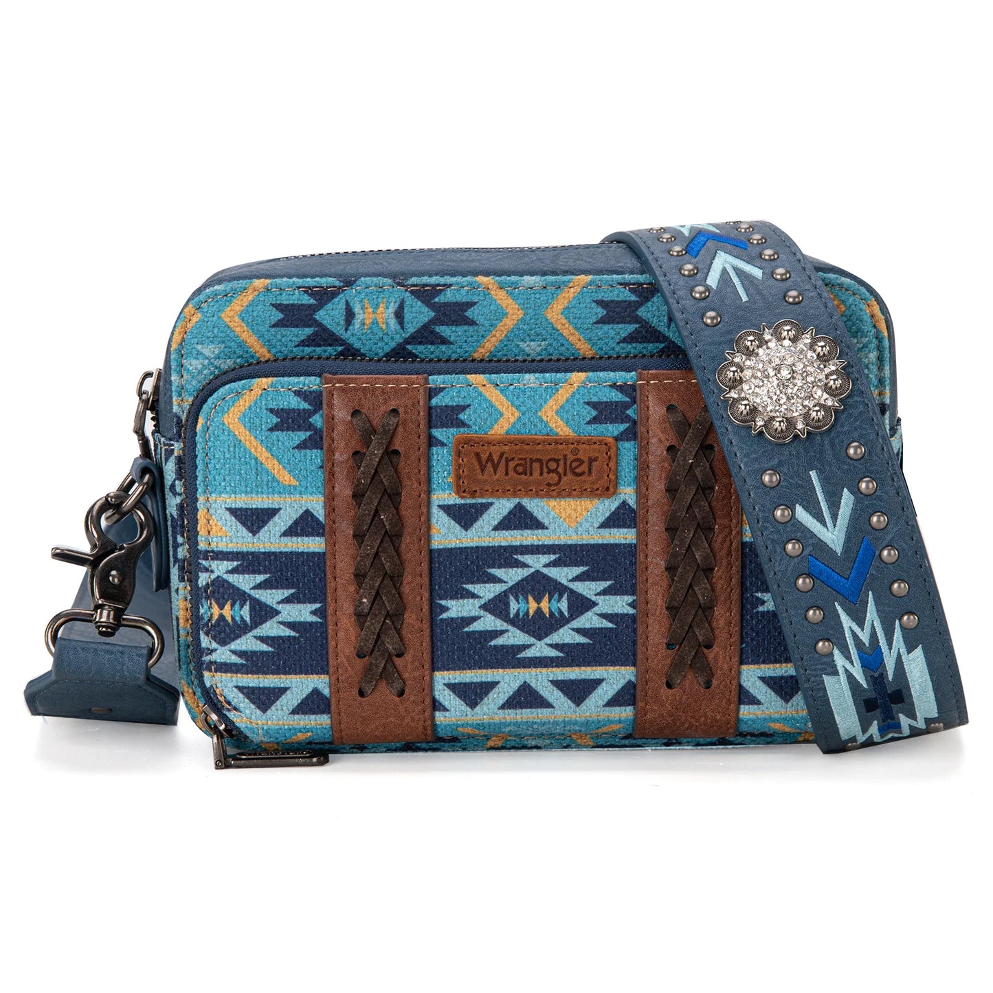 Wrangler Aztec Printed Crossbody Purse With Wallet Compartment - Navy