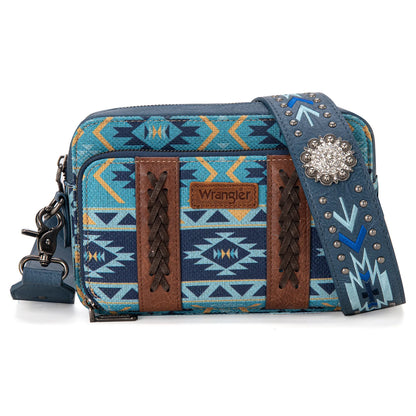 Wrangler Aztec Printed Crossbody Purse With Wallet Compartment - Navy