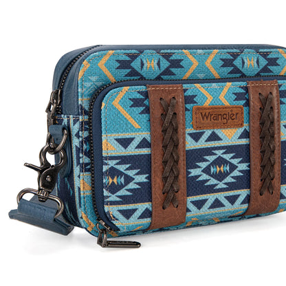 Wrangler Aztec Printed Crossbody Purse With Wallet Compartment - Navy