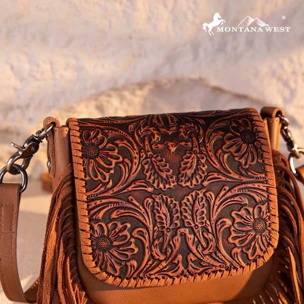 Montana West Genuine Leather Tooled Fringe Crossbody - Brown