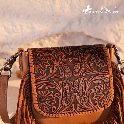 Montana West Genuine Leather Tooled Fringe Crossbody - Brown