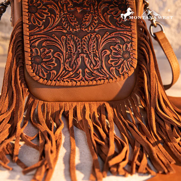 Montana West Genuine Leather Tooled Fringe Crossbody - Brown