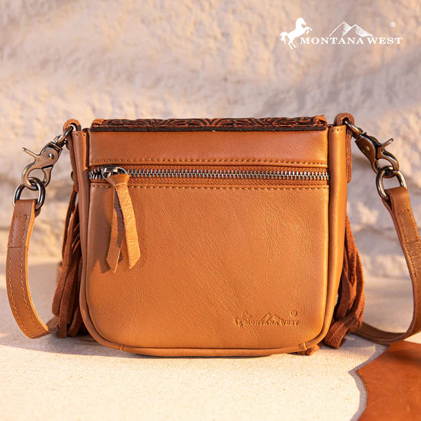 Montana West Genuine Leather Tooled Fringe Crossbody - Brown