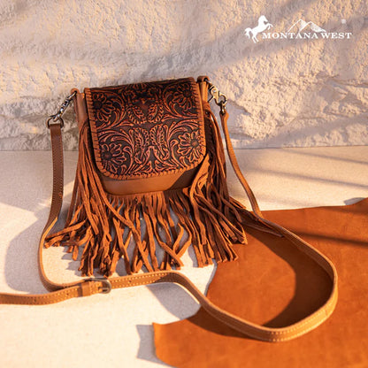 Montana West Genuine Leather Tooled Fringe Crossbody - Brown