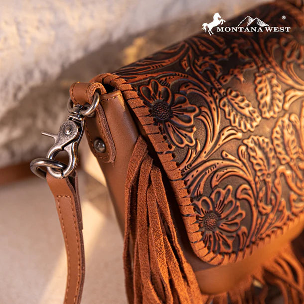Montana West Genuine Leather Tooled Fringe Crossbody - Brown