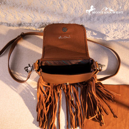Montana West Genuine Leather Tooled Fringe Crossbody - Brown