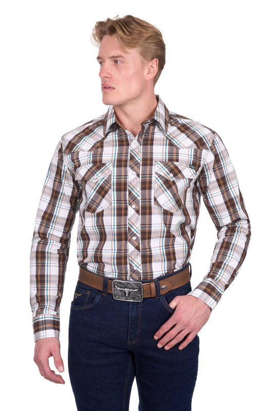 Pure Western Men's Roger L/S Shirt - Dark Tan/White