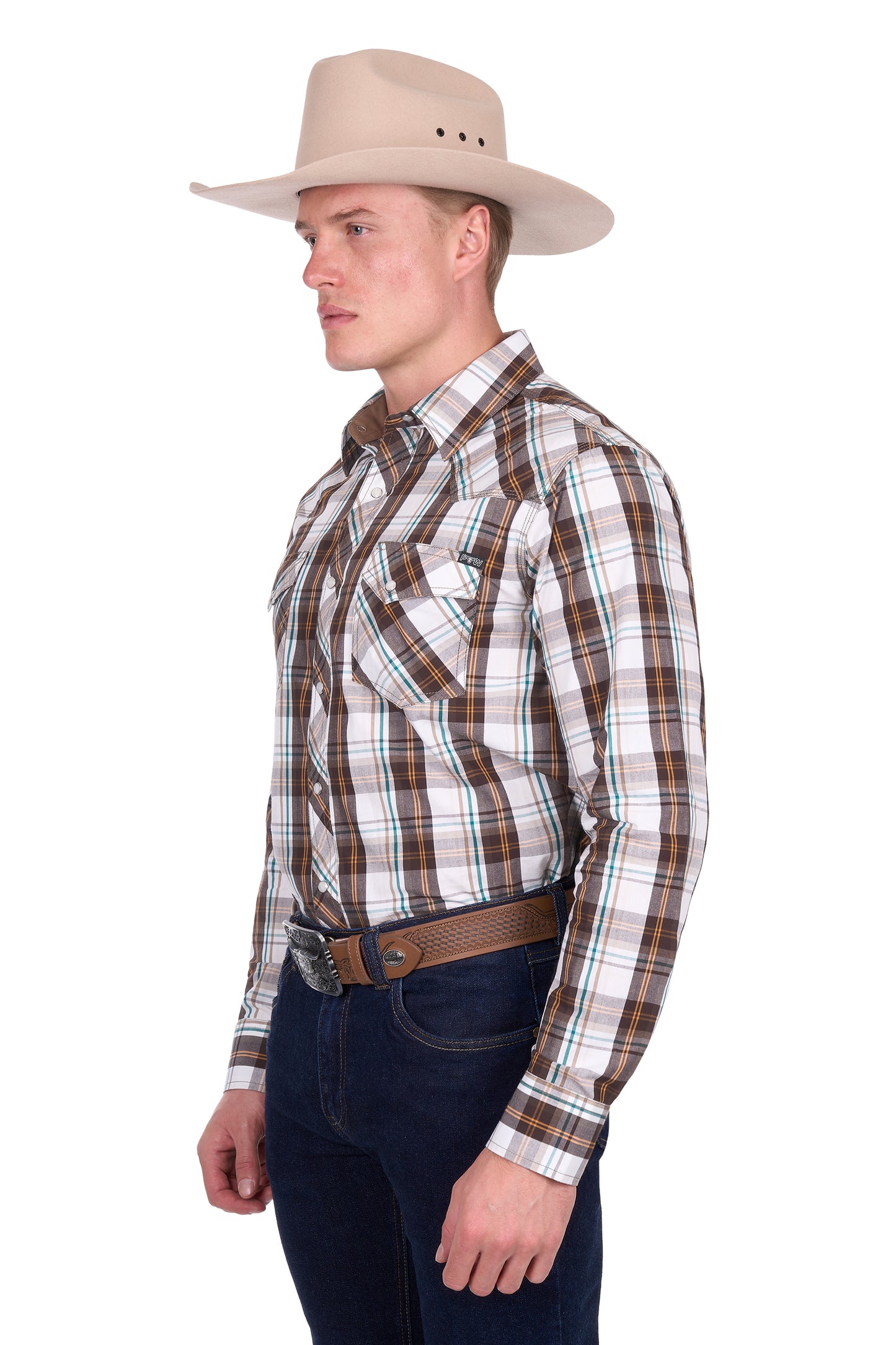 Pure Western Men's Roger L/S Shirt - Dark Tan/White